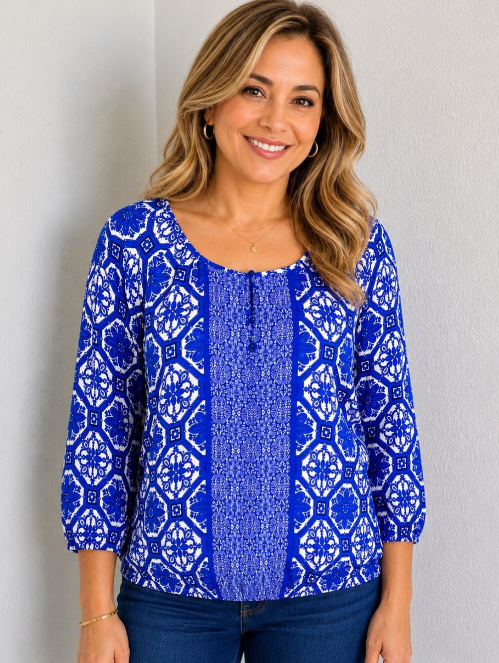 The Limited Royal Blue Printed Scoop-Neck Blouse, Elastic Waistband Sz Large